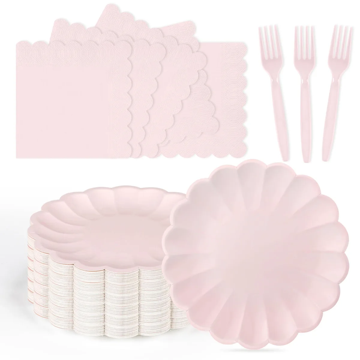 Light pink scalloped paper plates, napkins, and plastic forks in a 75-piece set