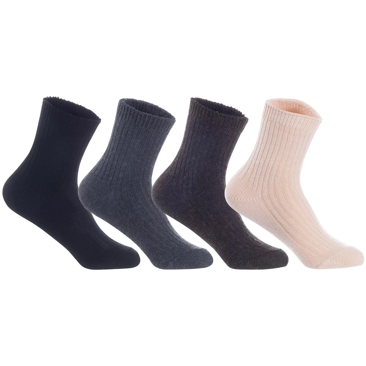 A single pair of wool crew socks in assorted colours, size 6-9, folded flat showing ribbed cuffs and smooth knit texture