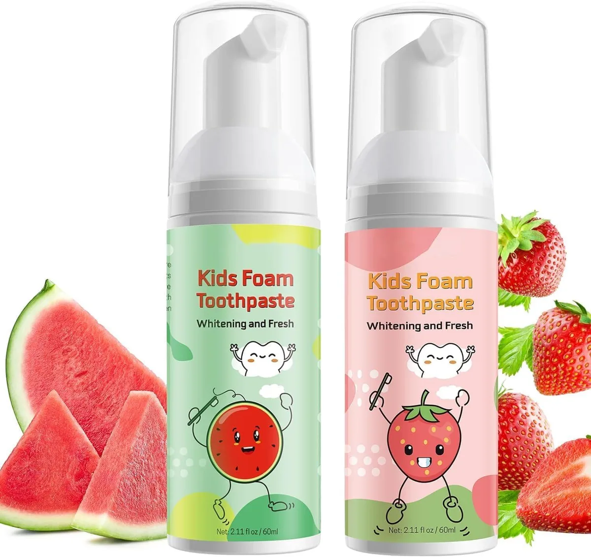 Two 60 gram foam toothpaste tubes in strawberry and watermelon flavors