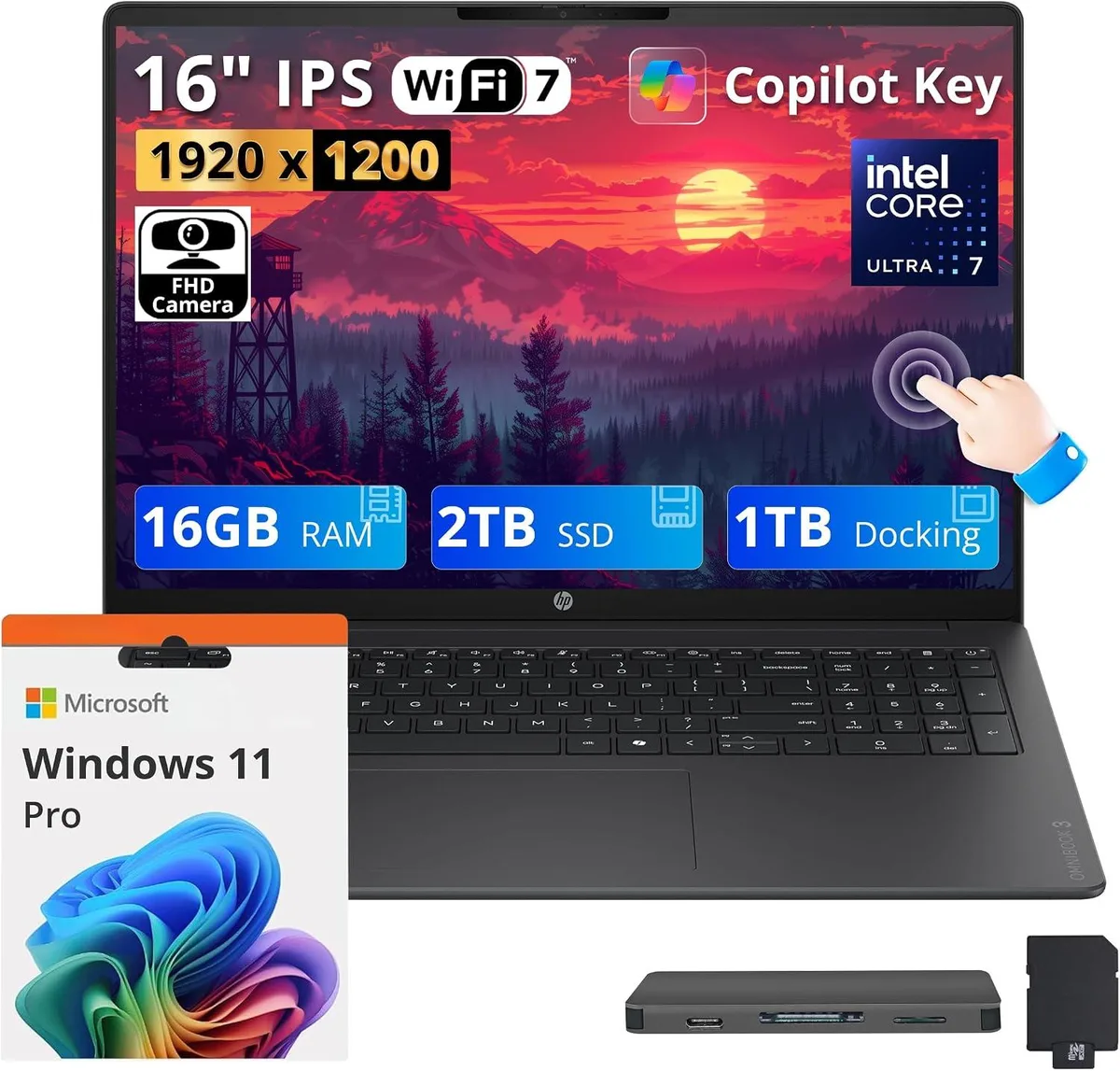HP HP OmniBook 3 16" WUXGA Touch Intel Core Ultra 7 255U 16GB DDR5 2TB SSD Windows 11 Pro Mica Silver — product photo