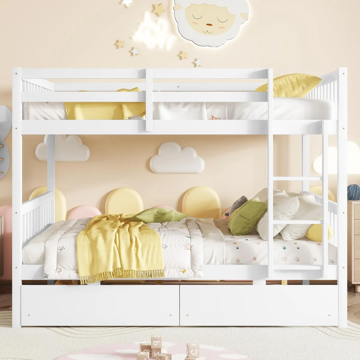 White rubber wood bunk bed with ladder, guardrails and two under-bed drawers
