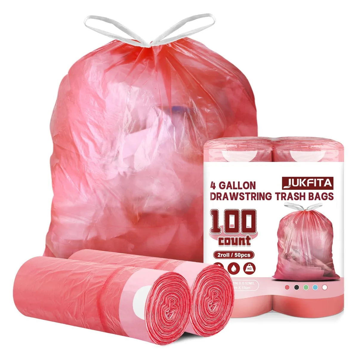 Red drawstring trash bags on a roll in a pack