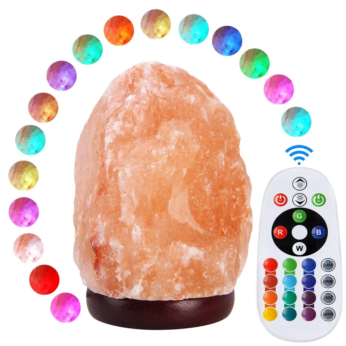 Rectangular Himalayan salt lamp on wooden base, orange glow, USB powered
