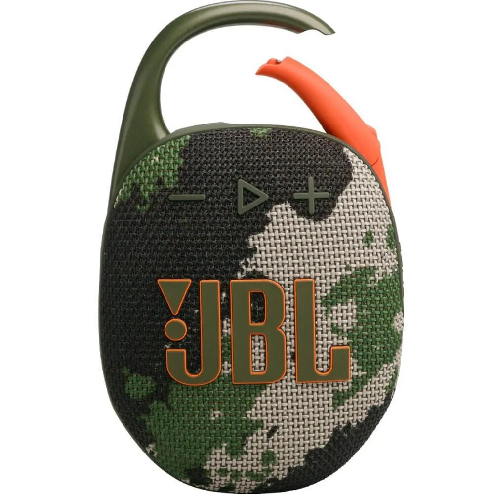 Small rectangular Bluetooth speaker in camouflage fabric with integrated carabiner clip