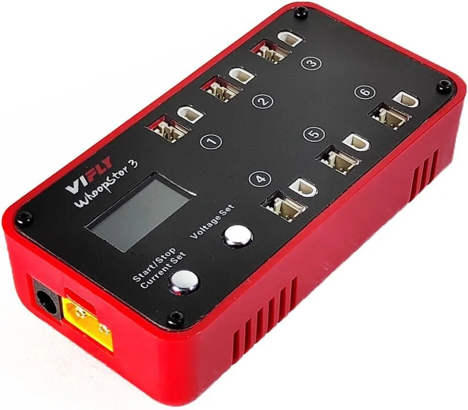 BFKK BFKK VIFLY WhoopStor 3 1S LiPo Battery Charger Discharger 6 Ports LCD Red — product photo