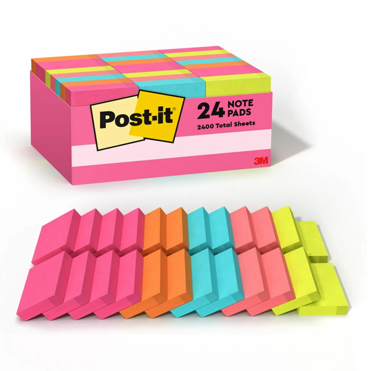Box of 24 small square sticky-note pads in bright Poptimistic colours