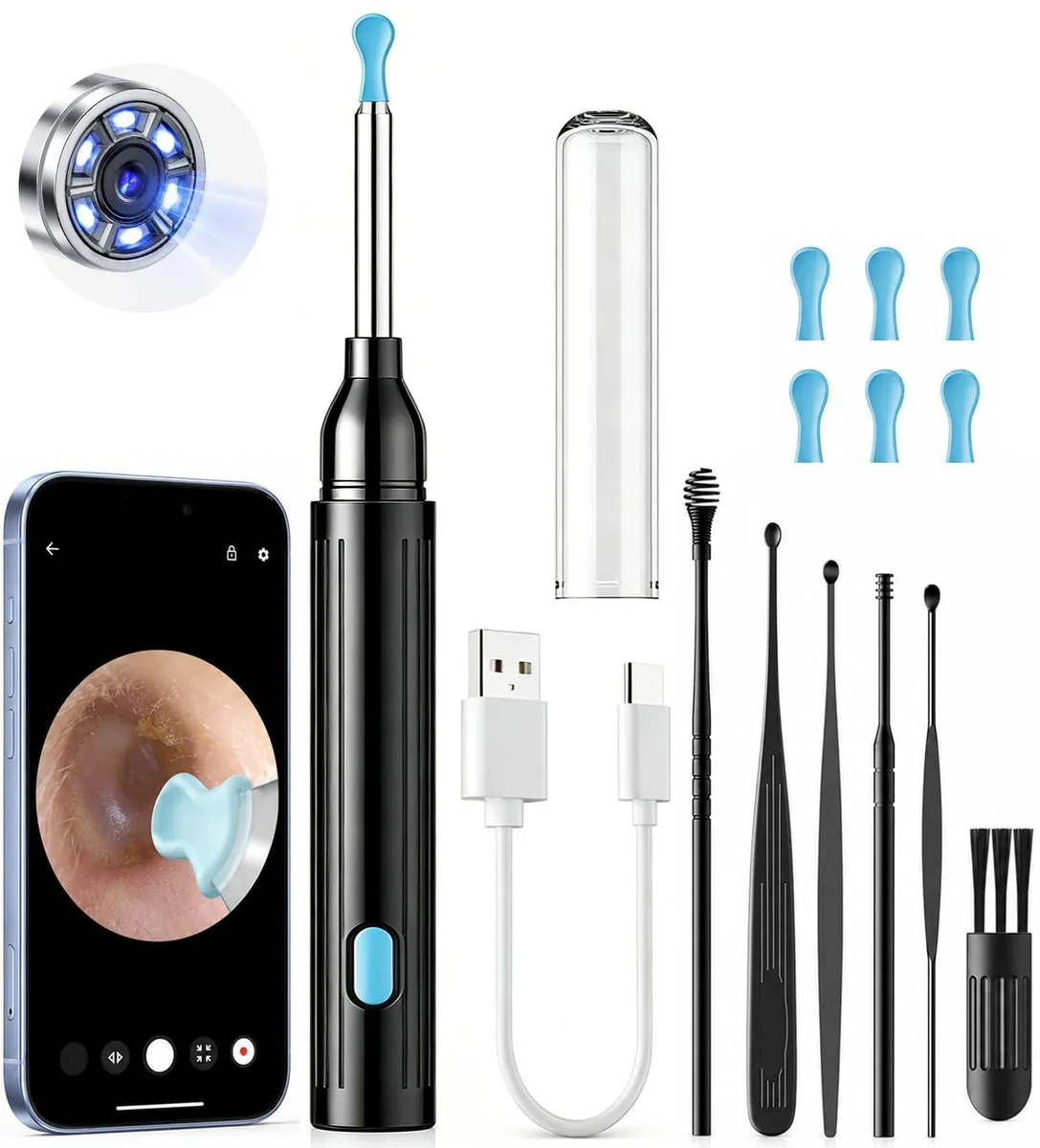 Black wireless ear camera with 3.5 mm lens tip, six LEDs and silicone tips