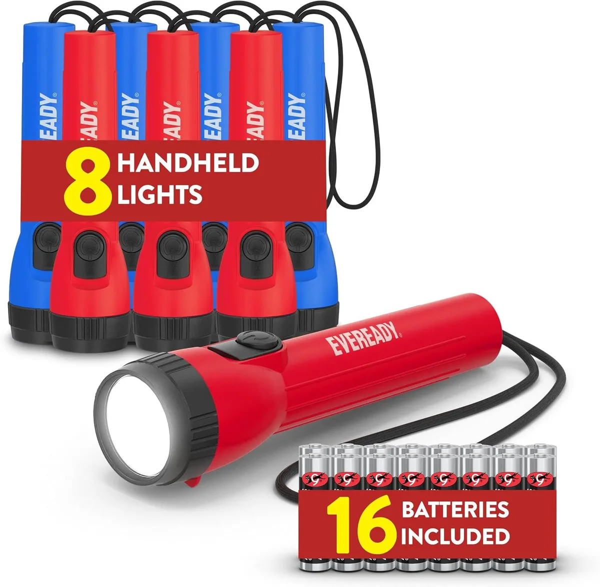 Eight red and blue LED flashlights with ribbed grips and sixteen AA batteries