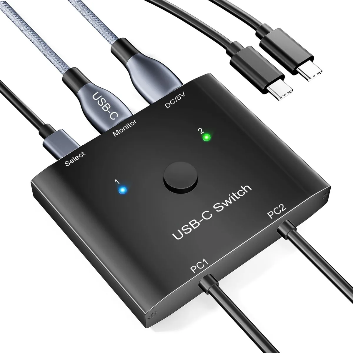 Small rectangular USB-C switch with matte black finish and wired remote button