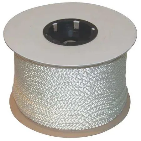 White polyester double-braid utility rope on spool, 3/16 inch diameter, 600 feet length