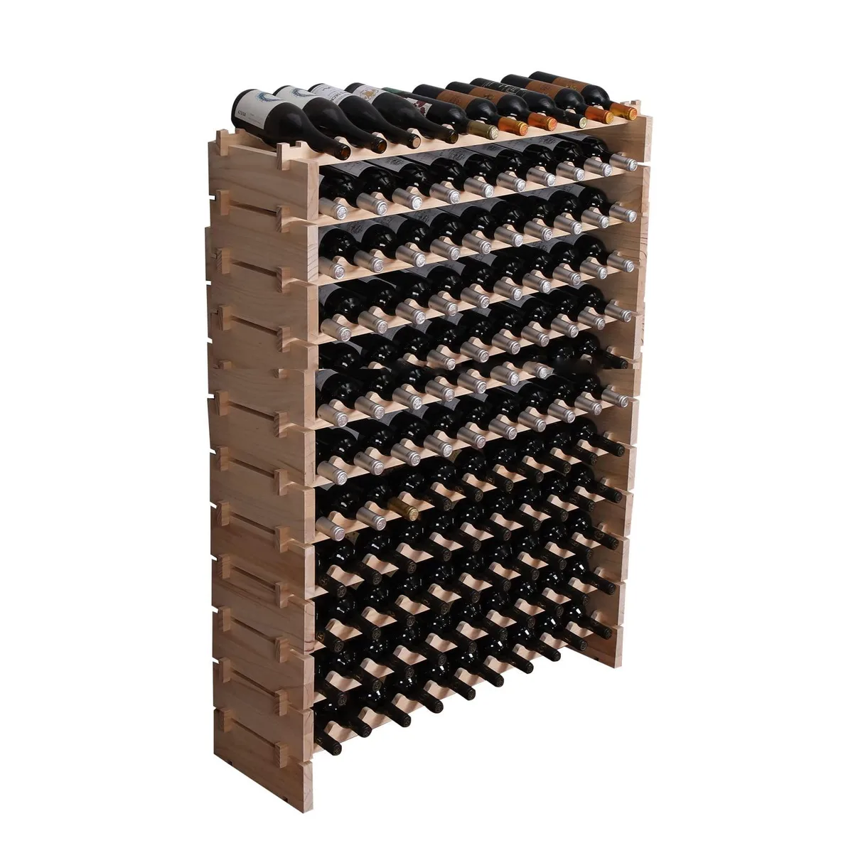 Pine wine rack, 41 x 12 x 52 in, holds 120 bottles, stainless top