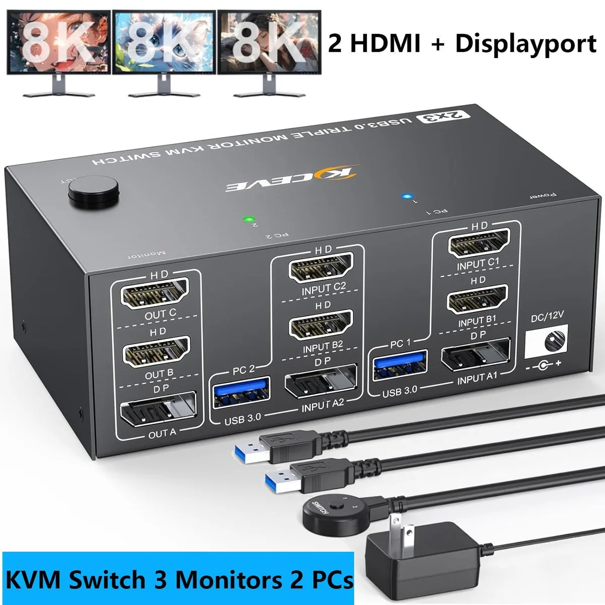 WRIARICH WRIARICH 203HHD KVM Switch 2 PC 3 Monitor 8K 4K 144Hz — product photo