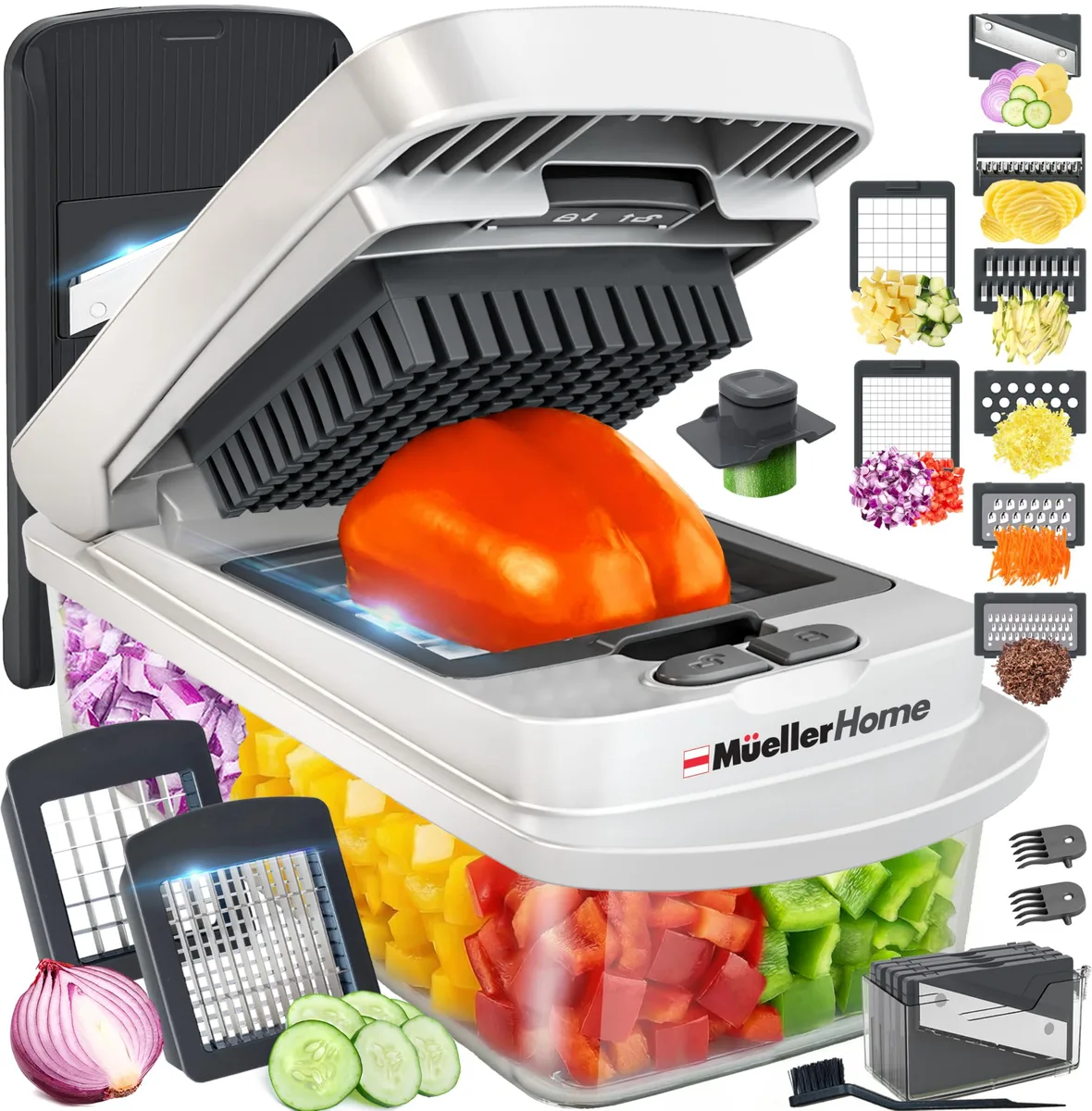 White manual food chopper with clear container, stainless blades, V-shape slicer, compact rectangular base