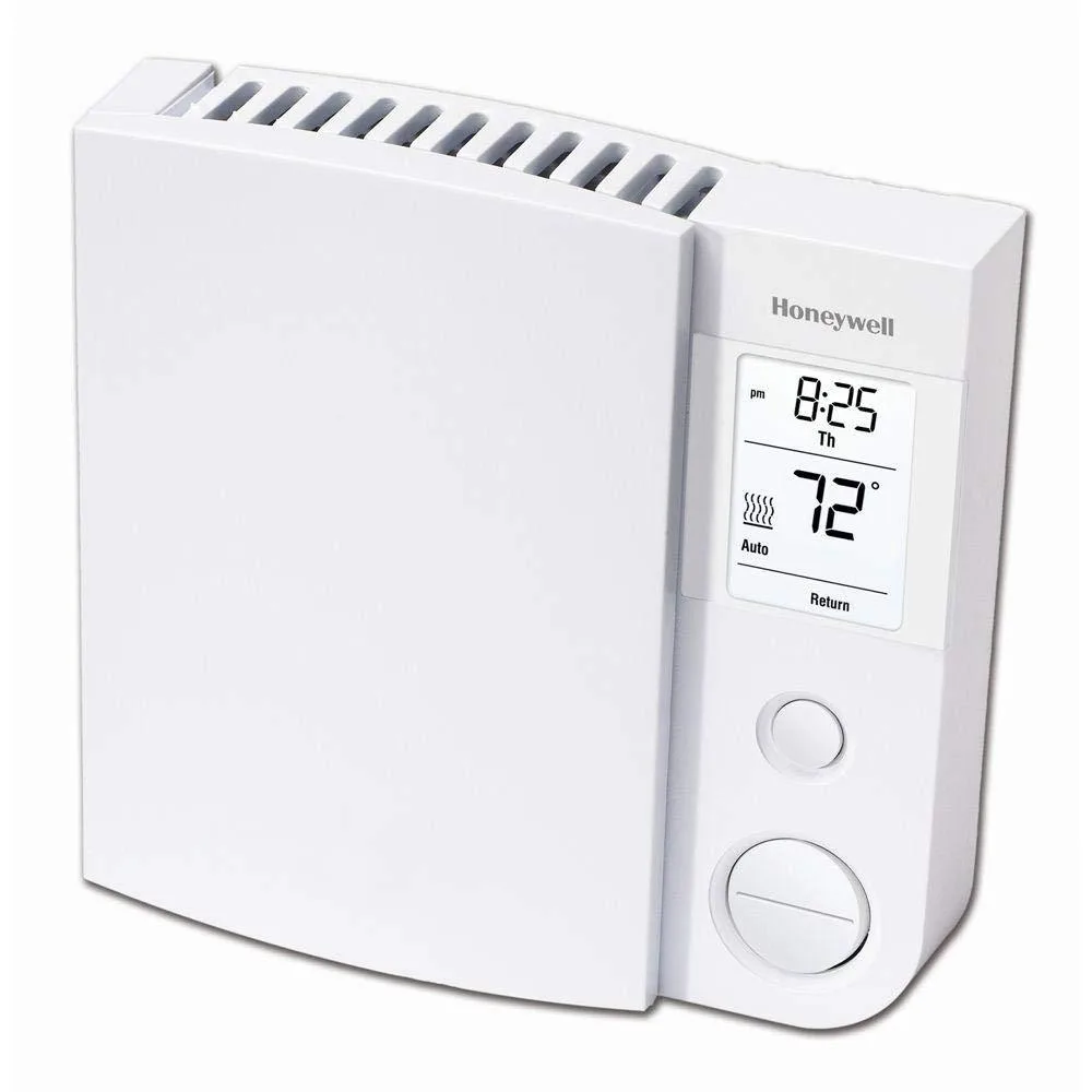 White rectangular wall thermostat with backlit digital display