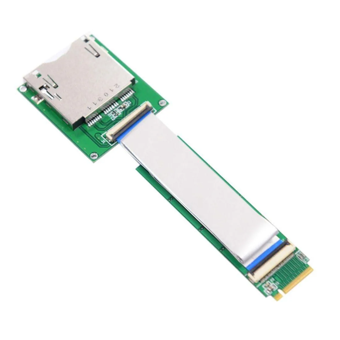 A CFexpress Type B adapter board linked by a flat 20cm cable to an M.2 slot board, both with gold connectors
