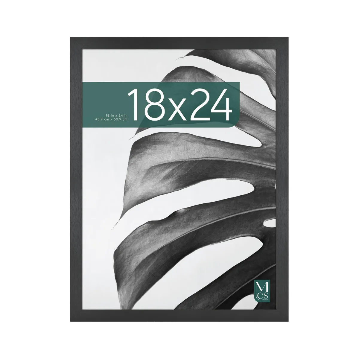 Black woodgrain 18x24 frame with 1.1 inch profile, MDF construction, plexiglass front, sawtooth hangers