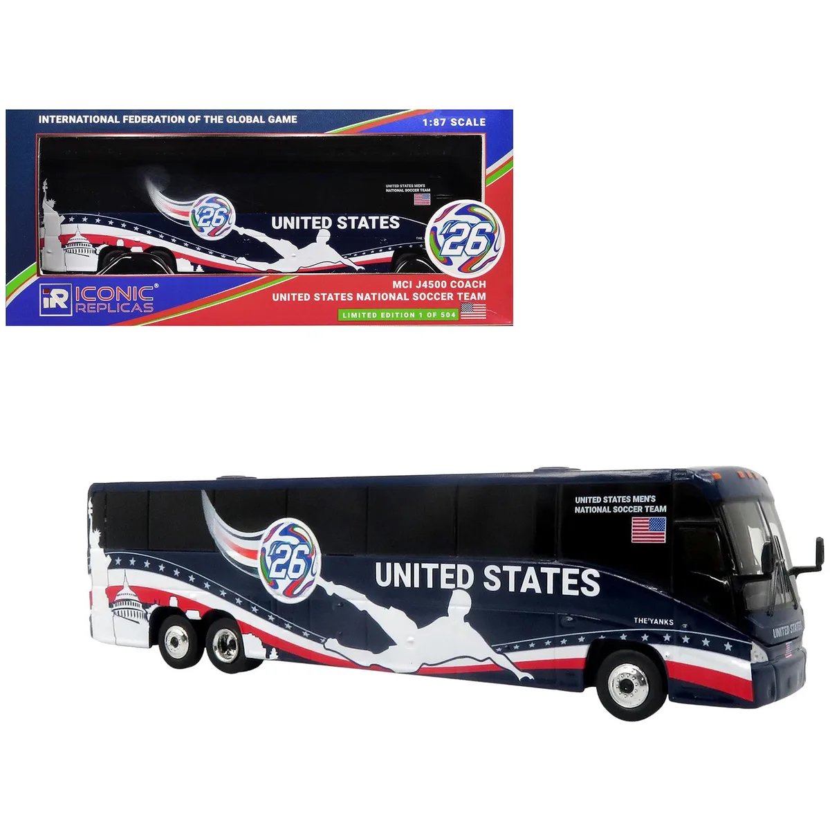 Iconic Replicas Iconic Replicas MCI J4500 Coach Bus Dark Blue with Graphics 1/87 HO Diecast Model — product photo
