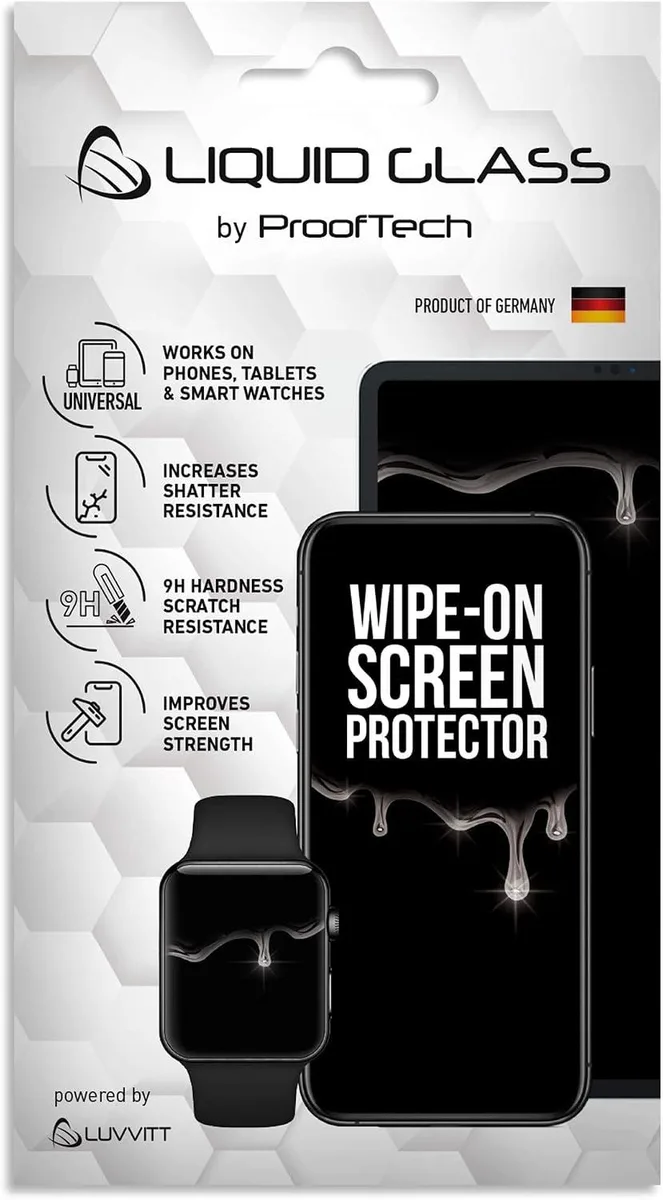 Small bottle of clear liquid screen protector with wipe applicator
