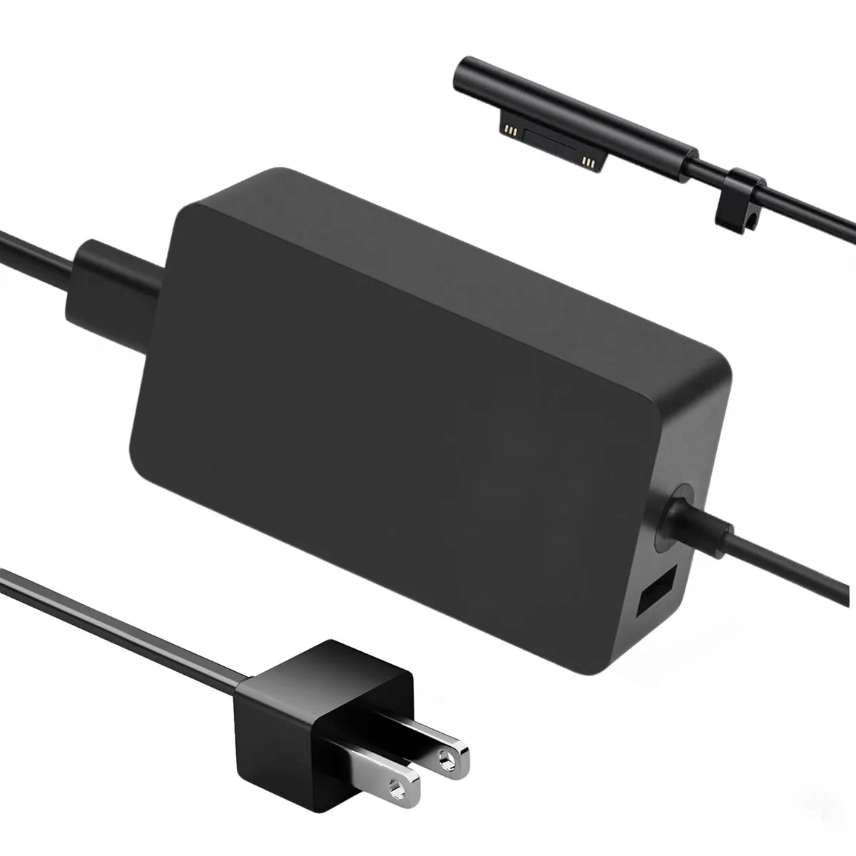Rectangular black power brick with magnetic connector and long cable