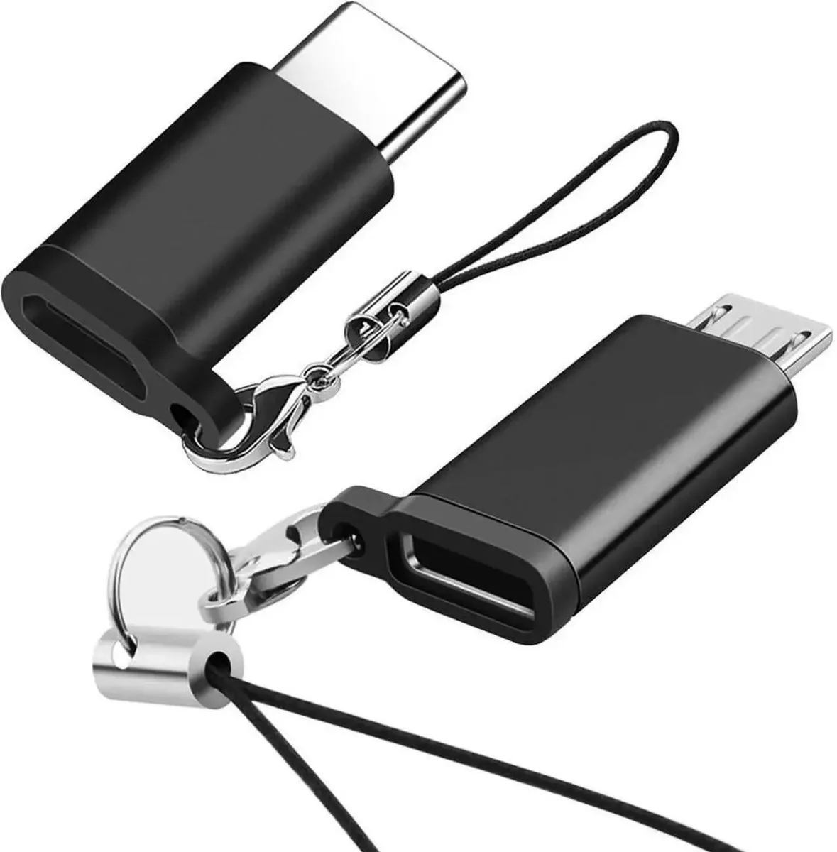 Two tiny USB-C female to Micro USB male adapters with keychain loops