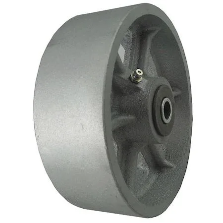 Gray cast-iron caster wheel, six-inch diameter, two-inch tread, roller bearing, spanner bushing included
