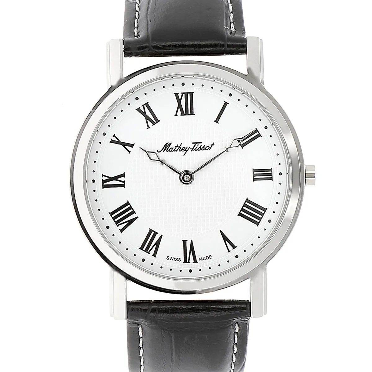Mathey Tissot City watch with white dial and leather strap