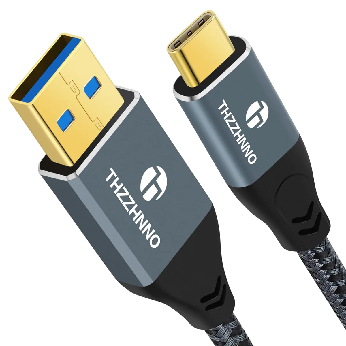 Grey braided USB-A to USB-C cable, 6.6 ft, aluminium connectors