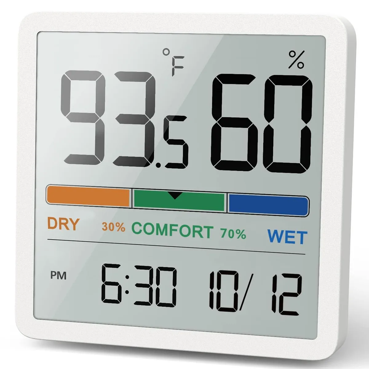 White square digital hygrometer thermometer with 3.3 inch LCD screen showing temperature humidity and clock