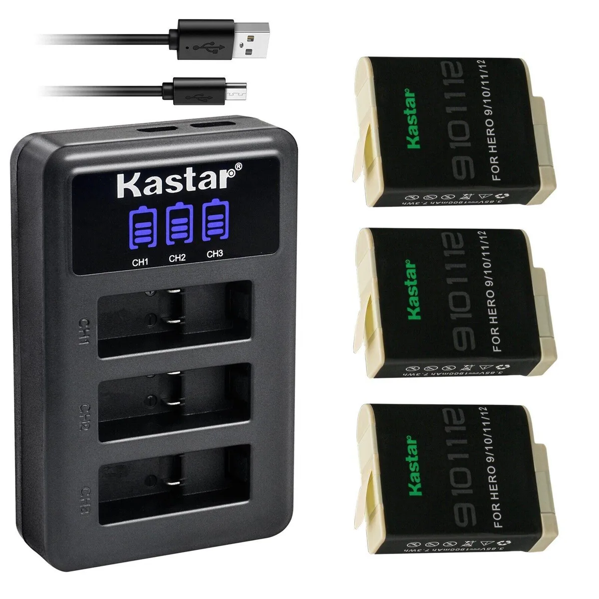 Kastar Kastar 3-Pack Battery and LCD Triple USB Charger for GoPro HERO 12 11 10 9 — product photo