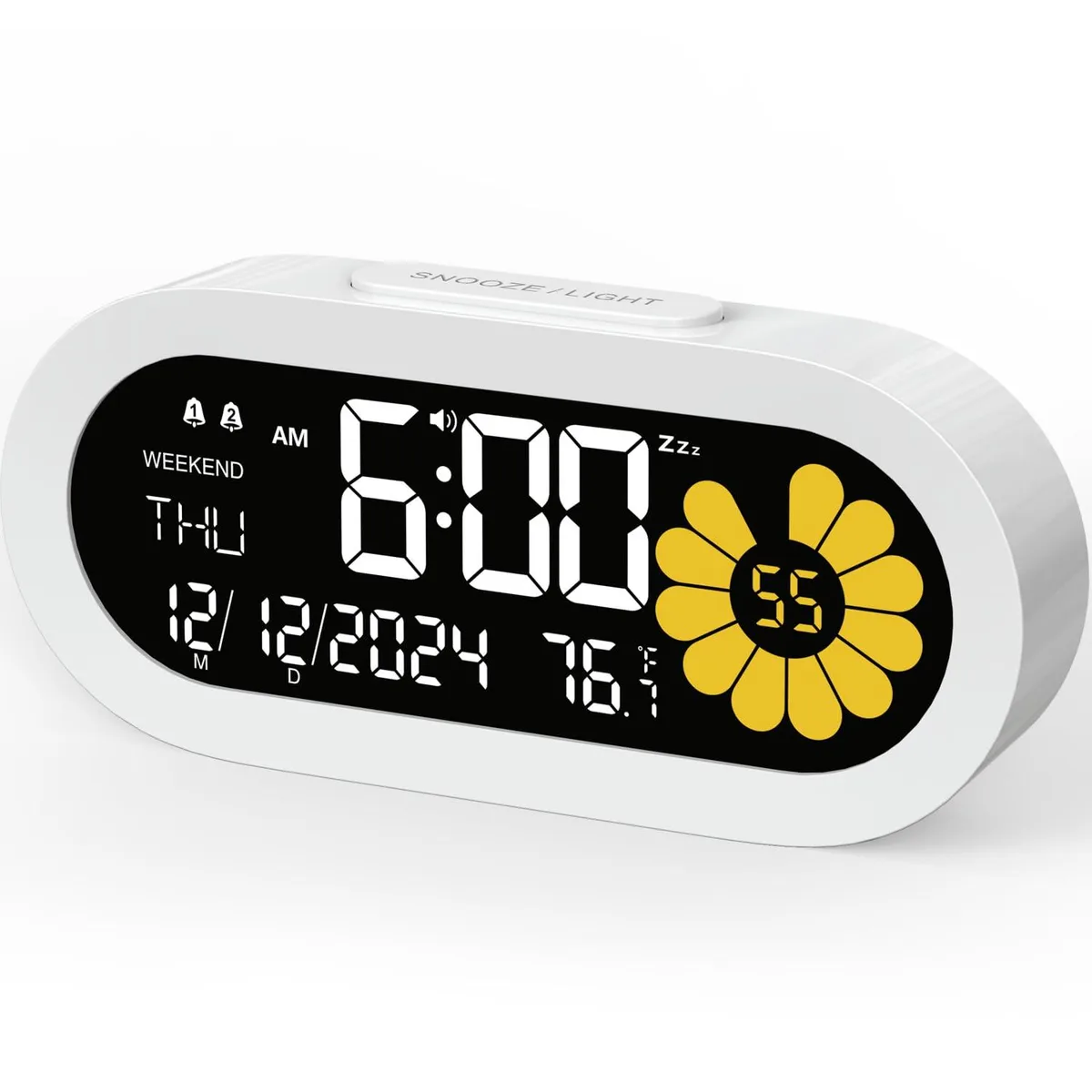 White rectangular digital alarm clock with 4.55 inch VA LCD display showing time and temperature