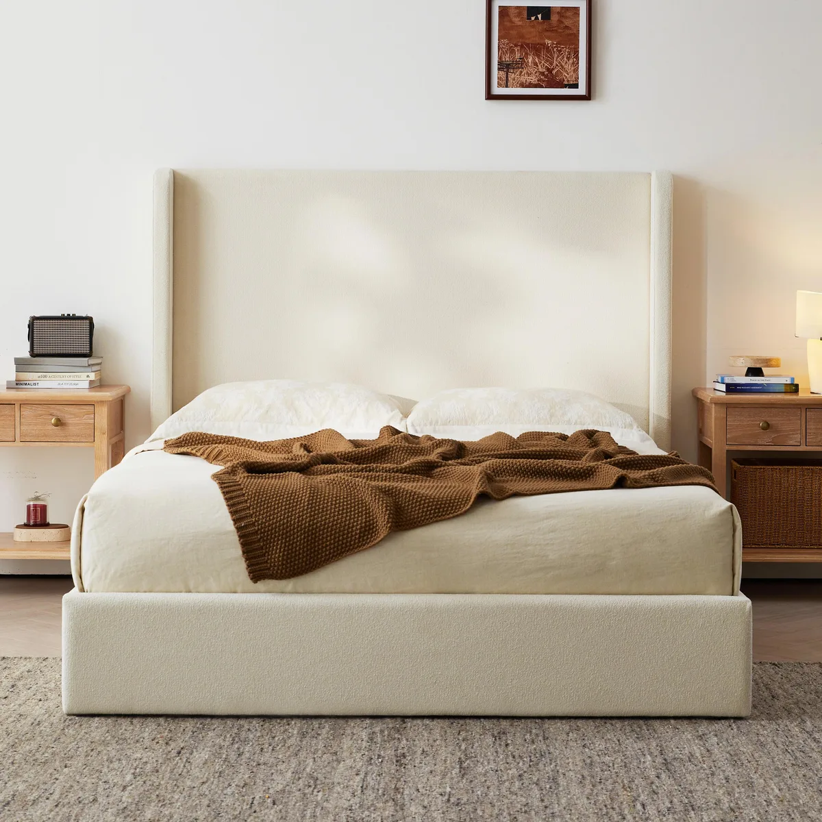 Ivory boucle wingback bed frame with tall curved headboard