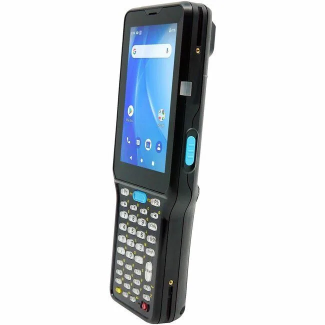 Yellow rugged handheld Android mobile computer with 4-inch touchscreen, numeric keypad, rear camera and integrated 2D barcode scanner