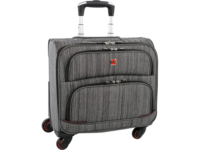 Grey rolling briefcase with telescoping handle and wheels, fits 14 inch laptop