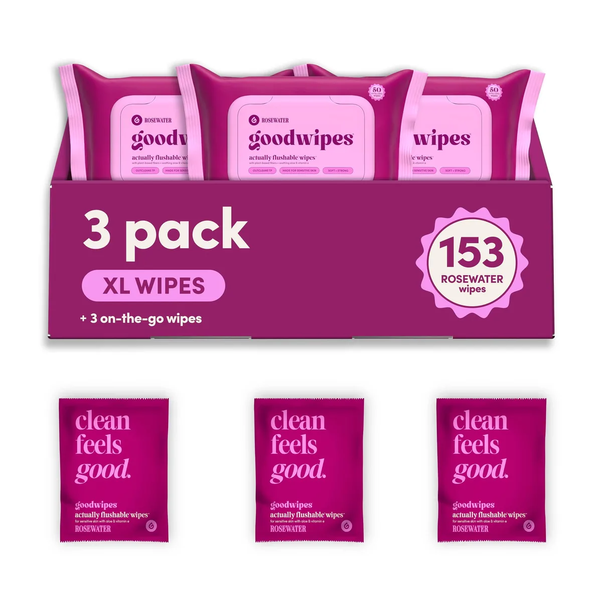 Three rectangular packs of flushable wipes plus three single sachets, rosewater scent, plant-based fibres
