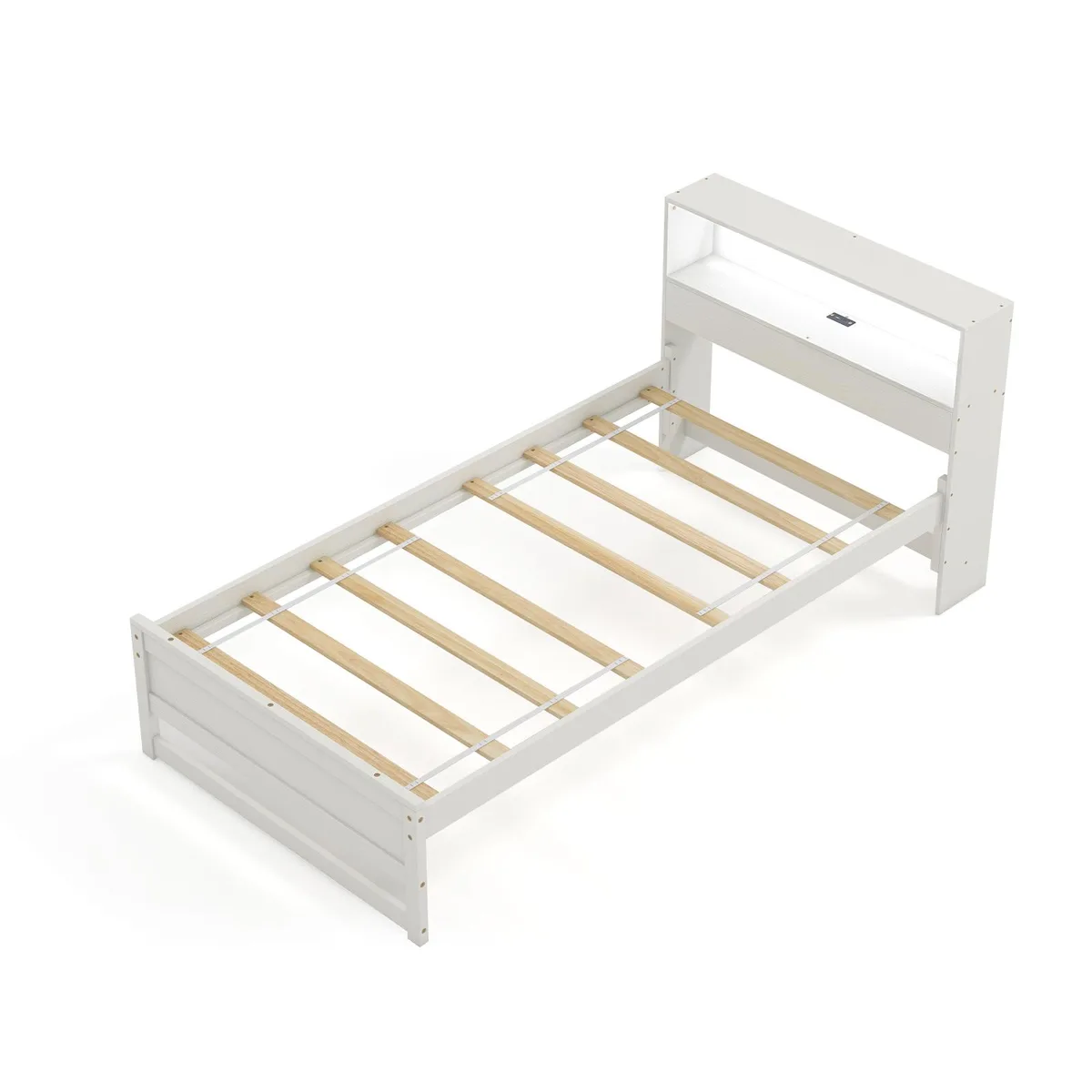 White twin loft bed with storage headboard and charging station
