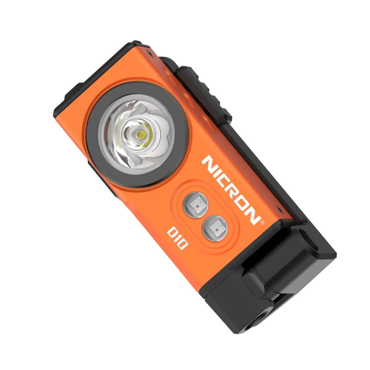 Orange rectangular flashlight with magnetic base and flexible joint, includes headband and clip