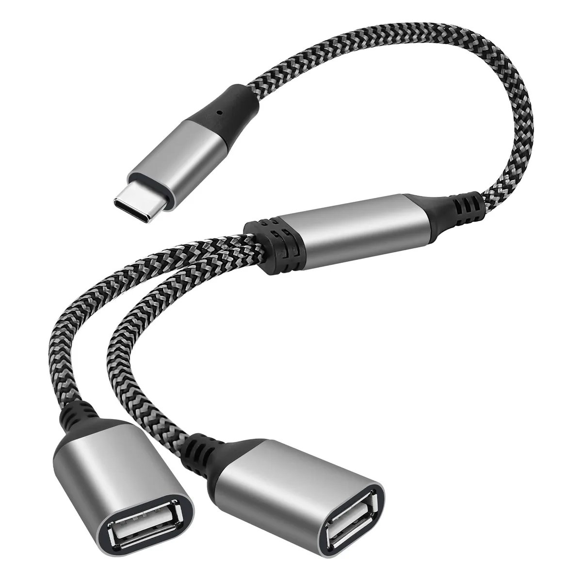 Short Y-cable, USB-C plug to two USB-A sockets, braided nylon jacket