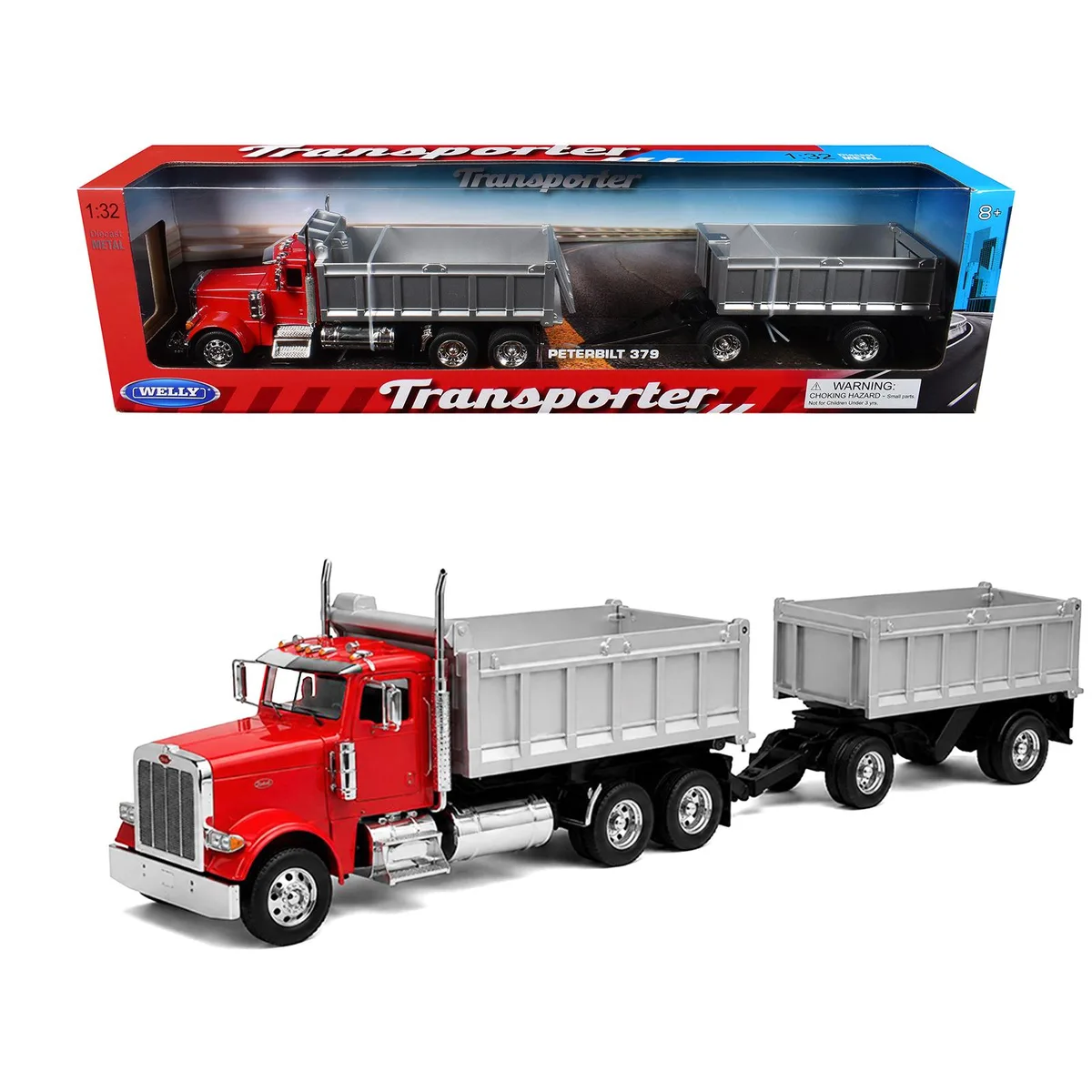 WELLY WELLY Peterbilt 379 Dump Truck Red Gray Trailer 1/32 Diecast — product photo