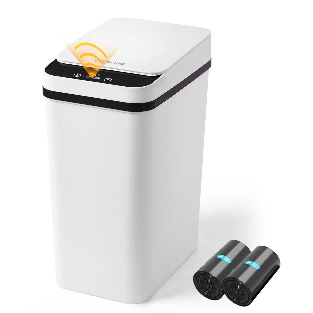 Three white slim touchless trash cans with sensor lids, 2.6 gallon capacity each