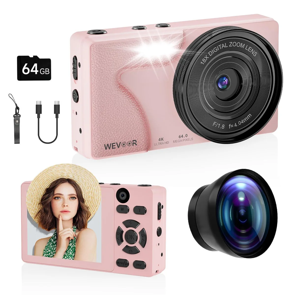  Wevoor A62 64MP 4K dslr camera 64GB Pink 18X zoom — product photo