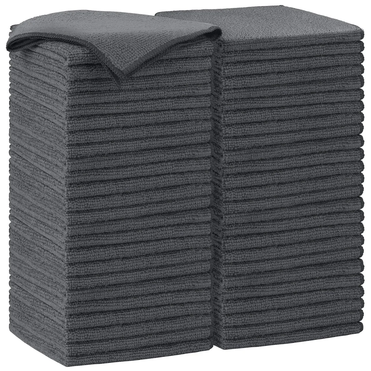 Stack of fifty grey microfiber cloths, each thirty by thirty centimetres