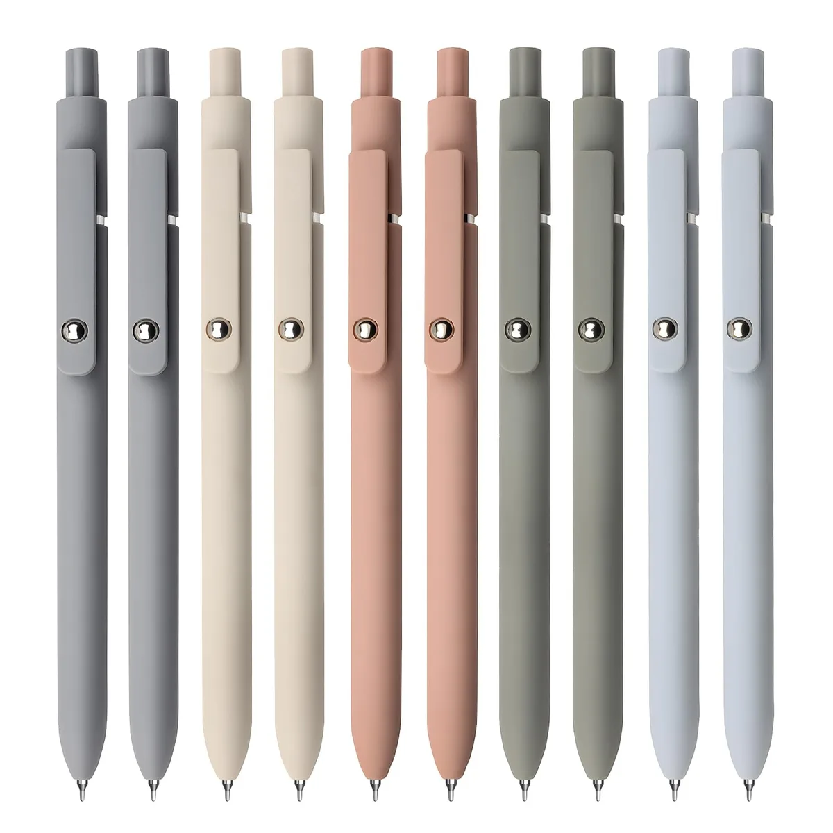 Ten retractable gel pens in muted Morandi colours with matte plastic barrels and soft grips