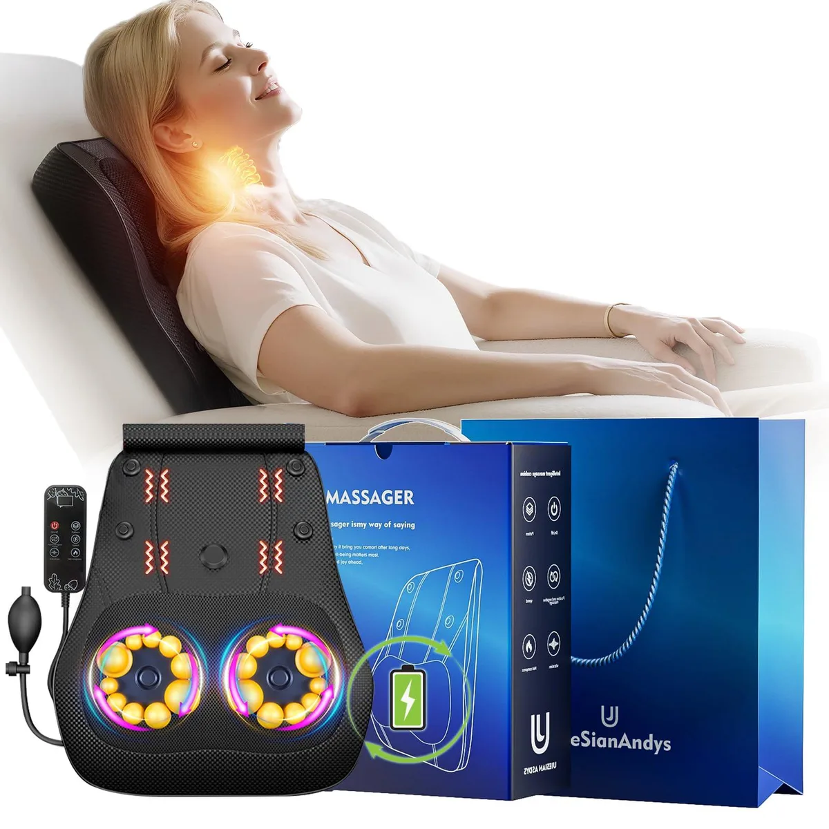 Black cordless massage pillow with 20 kneading nodes, faux leather finish, rectangular shape