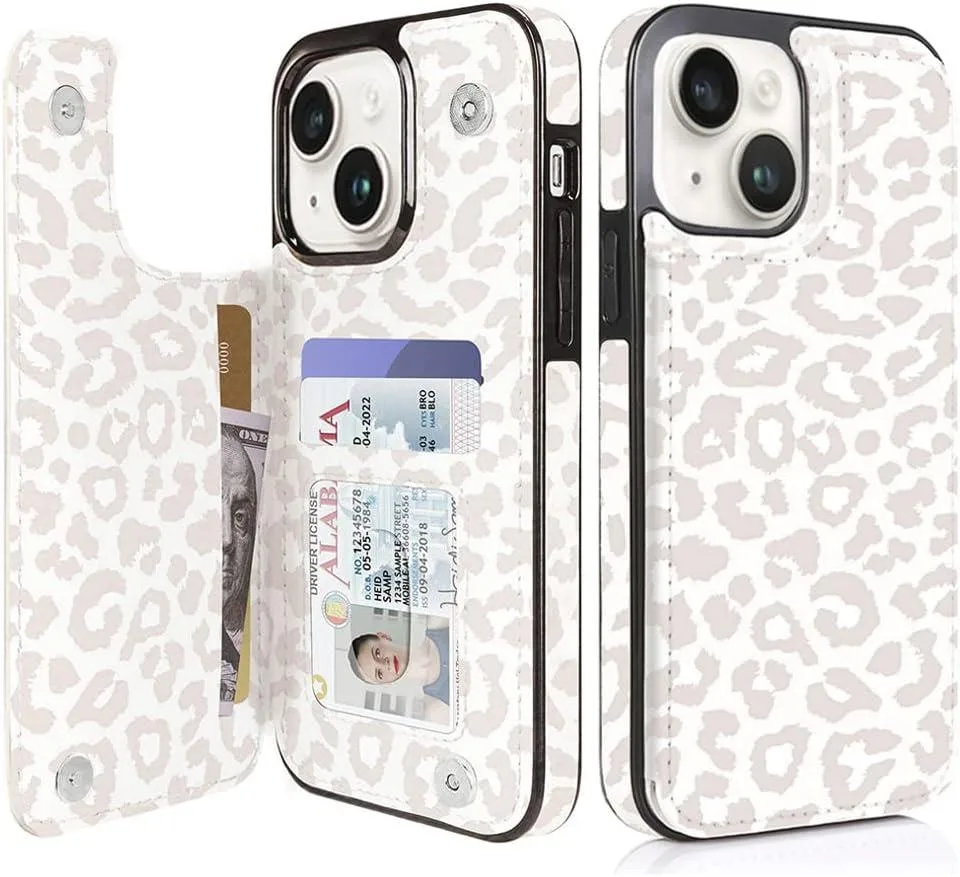 TAURKENAM TAURKENAM Flip Leather Wallet Case iPhone 13 14 6.1 Beige Leopard — product photo