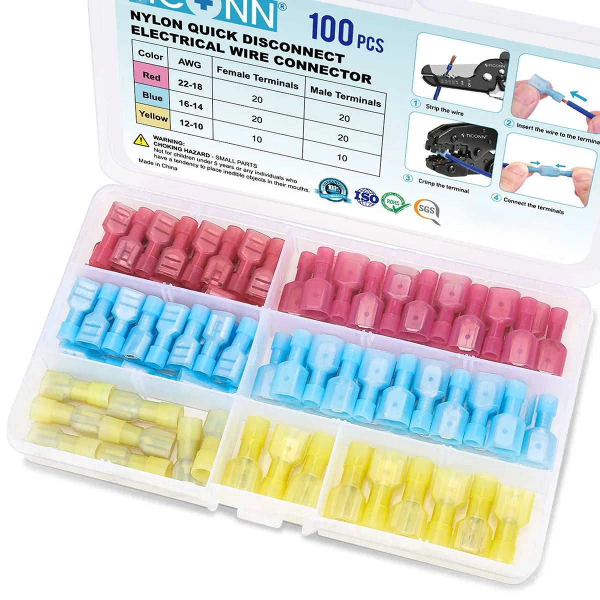Black nylon spade quick disconnect connectors kit, 100 pieces, red blue yellow insulated terminals