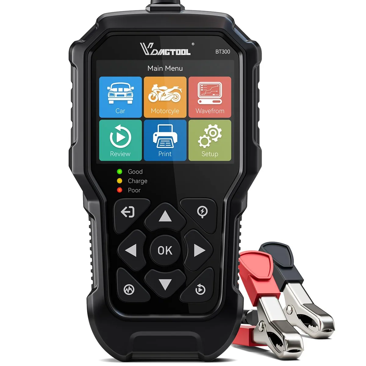 Handheld rectangular battery tester dark grey finish red and black clamps small colour screen