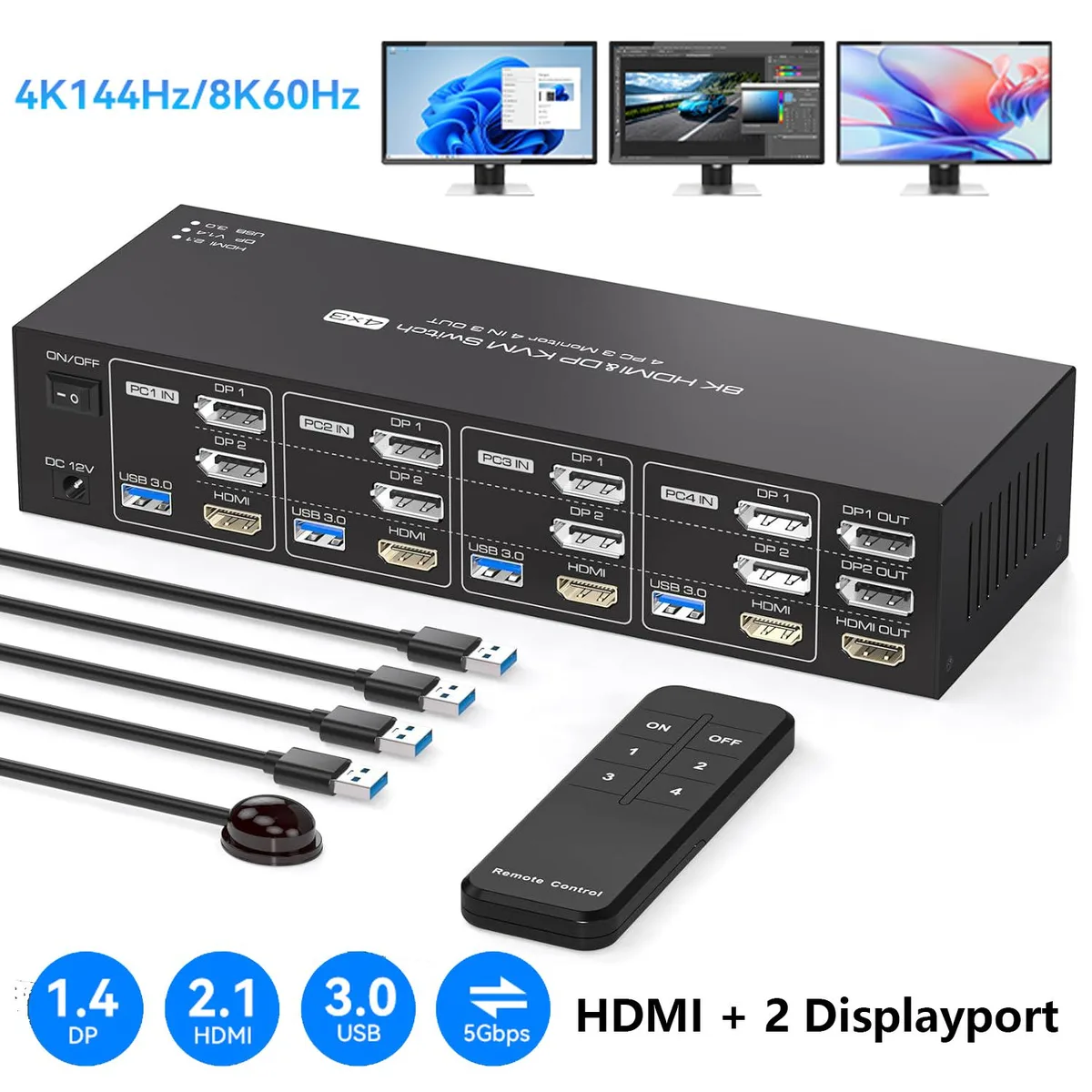 AUTYUE AUTYUE SW345 4 PC 3 Monitor KVM Switch 8K@60Hz 4K@144Hz 4 USB 3.0 — product photo