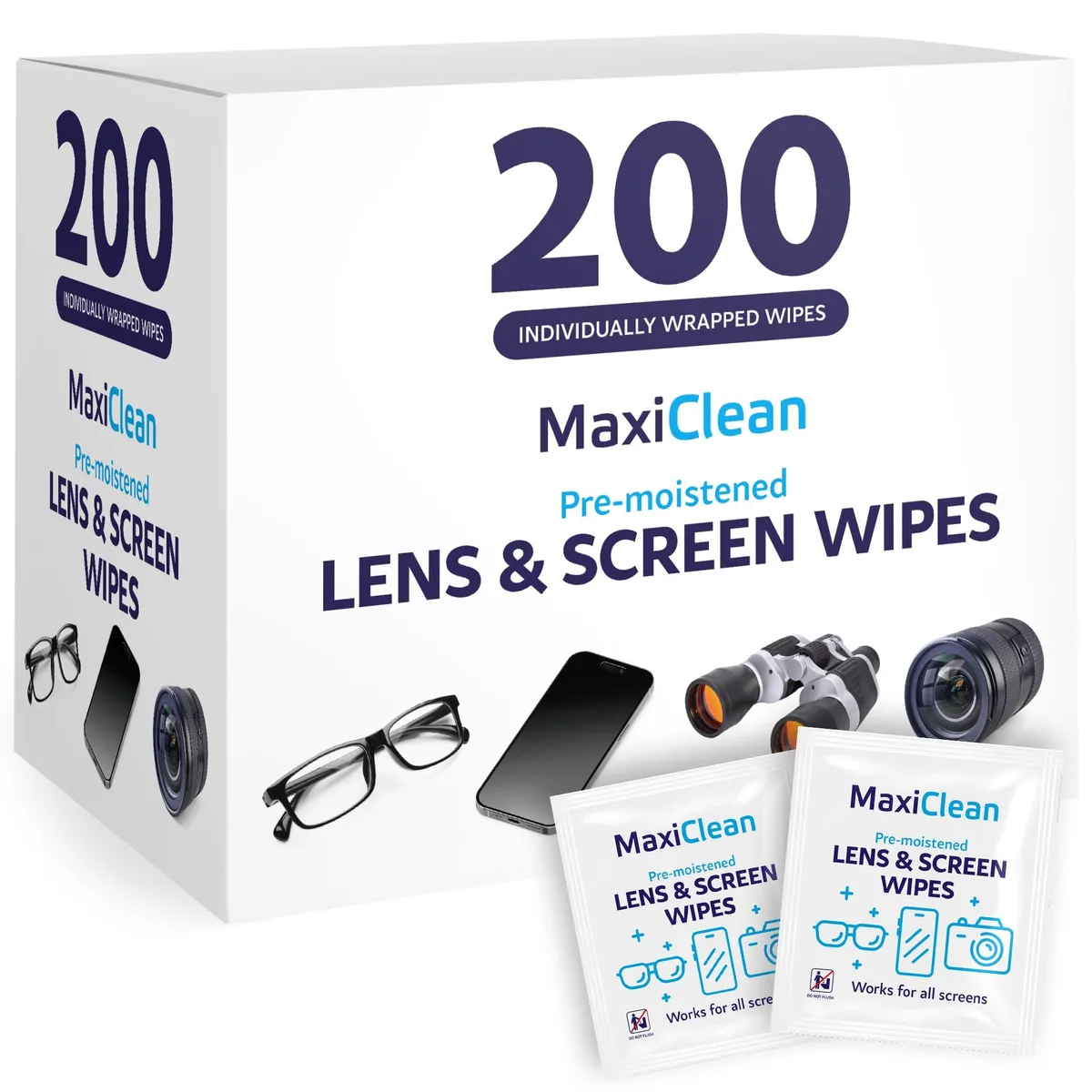 Box of 200 individually wrapped lens cleaning wipes
