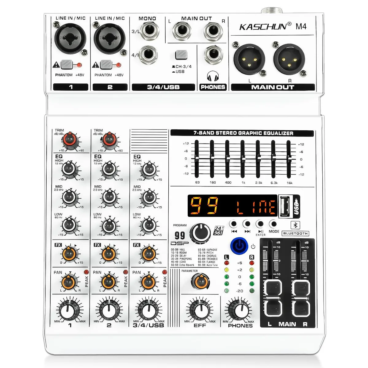 4 Channel Audio Mixer Bluetooth 99 DSP Effects 7-Band EQ 48V Phantom Power — product photo