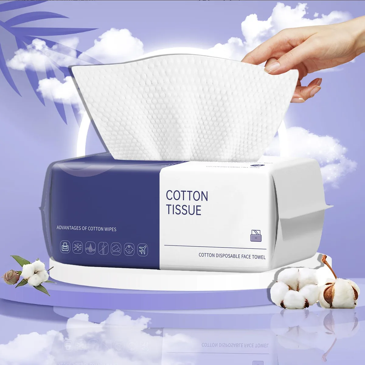 A rectangular white box containing 100 disposable viscose face towels